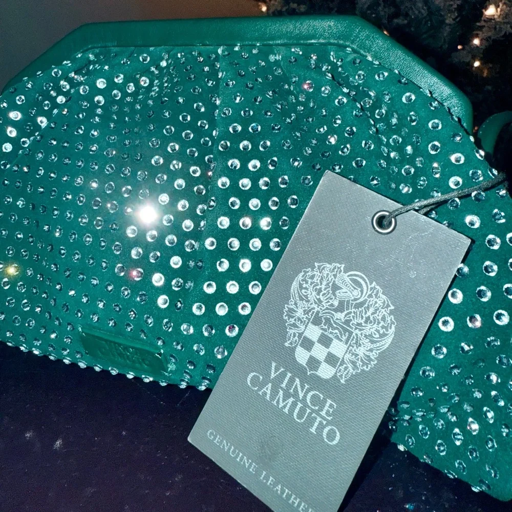 Dark Green Vince Camuto Genuine Leather Rhinestone Studded Crossbody Bag NWT - Picture 3 of 17